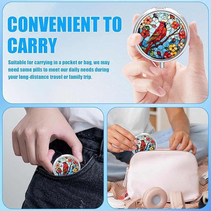 Red Cardinal Flower Pill Case, Bird Pill Box 3 Compartments Metal Small Pill Holder with Mirror Mini Travel Pill Container for Purse Pocket Women Men