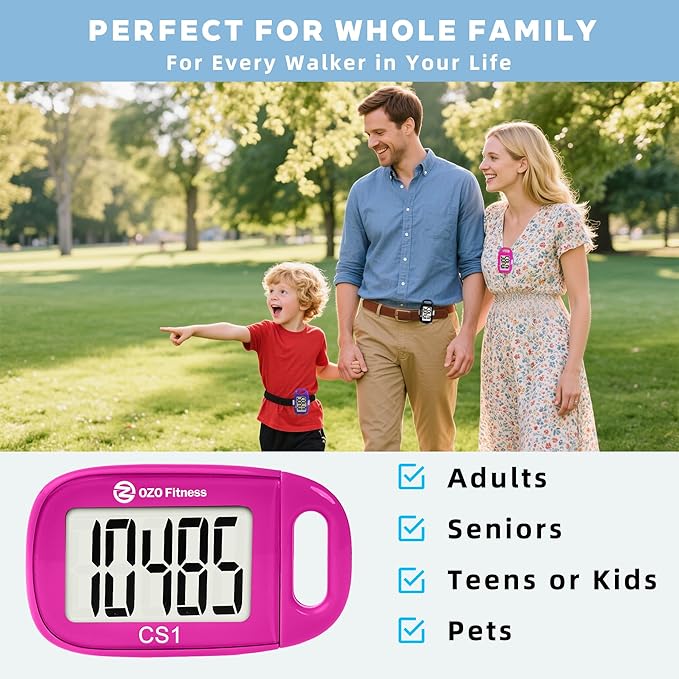 OZO Fitness Clip-on 3D Pedometer for Walking Steps Counter with Lanyard, Simple Exercise Tracker for Women and Seniors with Large Accurate Digital Display, Portable Minimalist Sports Monitor