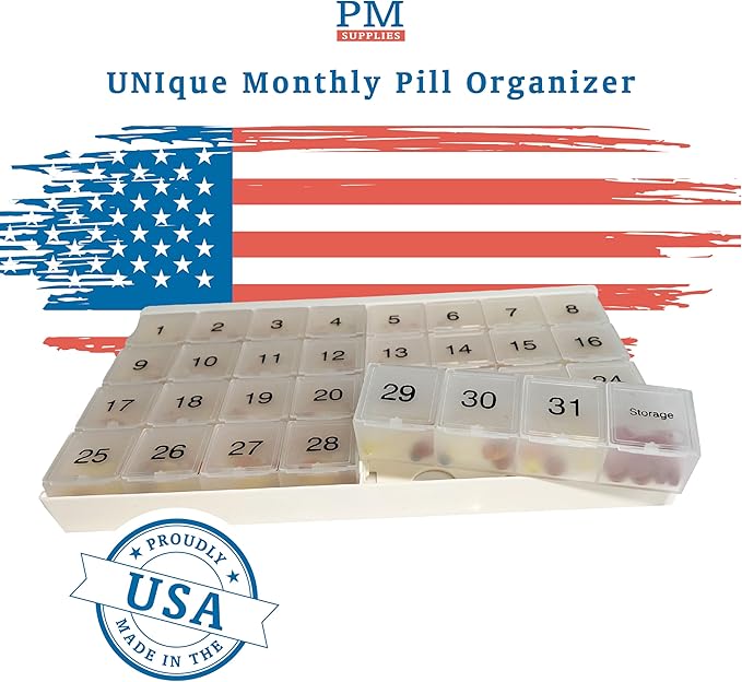 Unique XL Monthly Pill Organizer with 31 compartments, 1 per Day, 4 Week Full Month 31 Day Pill Organizer, Includes Tray and 8 Extra Large Removable compartments