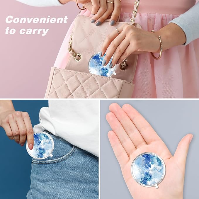 Rouidr Pill Box, 3 Compartment Medicine Pill Case, Small Metal Travel Medicine Box for Purse & Pocket, Silver, Light Luxury Blue