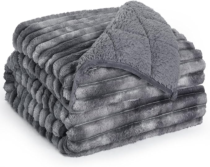 Sherpa Fleece Weighted Blanket with 3D Ribbed Stripes, 15 lbs Soft Flannel Heavy Throw Blanket for Couch Bed Sofa, Heavy Thick Blankets with Glass Beads, Great for Sleep, 48" x 72"
