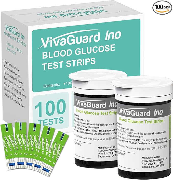 VivaGuard Ino Blood Glucose Test Strips, Blood Sugar Test Strips for Diabetes, 100 Count per Box, Only for VivaGuard Ino Series Blood Glucose Meter (VGM26 VGM01 VGM04).