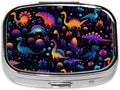 Pill Box-2 Compartment Small Pill Case Square Organizer Case with Mirror Portable Metal Medicine Box Travel Container for Pocket & Purse Women Men(Colorful Dinosaur)