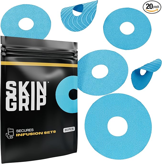 Skin Grip Universal Adhesive Patches for CGM and Insulin Pumps with Cutout (20-Pack), 0.8-Inch Hole, Waterproof & Sweatproof for 10-14 Days, Glucose Monitor Patch, Diabetic Sensor Cover, Blue