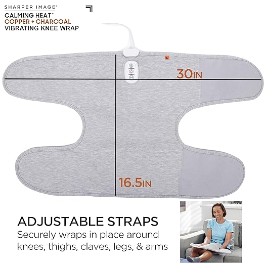 Calming Heat Knee Wrap by Sharper Image | Weighted Copper & Charcoal, Heating Pad, Auto Shut-Off Feature, Gift for Holidays, Women & Men | 2 Heat & 5 Vibrating Massage Settings, 30.3” x 16.5”