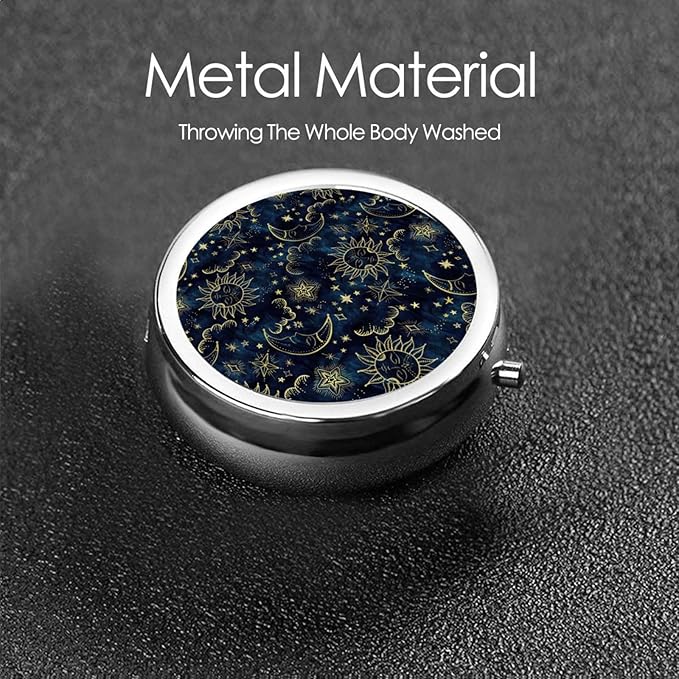 Round Pill Box,3 Compartment Mini Decorative Pocket Purse Portable Travel Medicine Tablet Vitamin Holder Organizer Pill Case,Sun Moon Boho Astrology