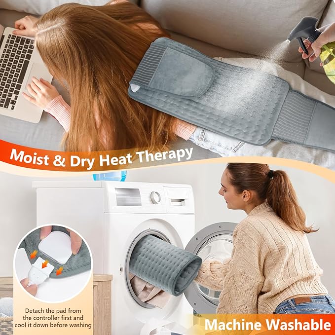 Heating Pad for Back Pain Relief, Upgraded (12"x24"+26'') Extra Large Heating Pad for Period Cramps with 4 Timers Auto Shut Off & 6 Heat Levels, Electric Heating Pad for Lower Back Neck Shoulder, Gray