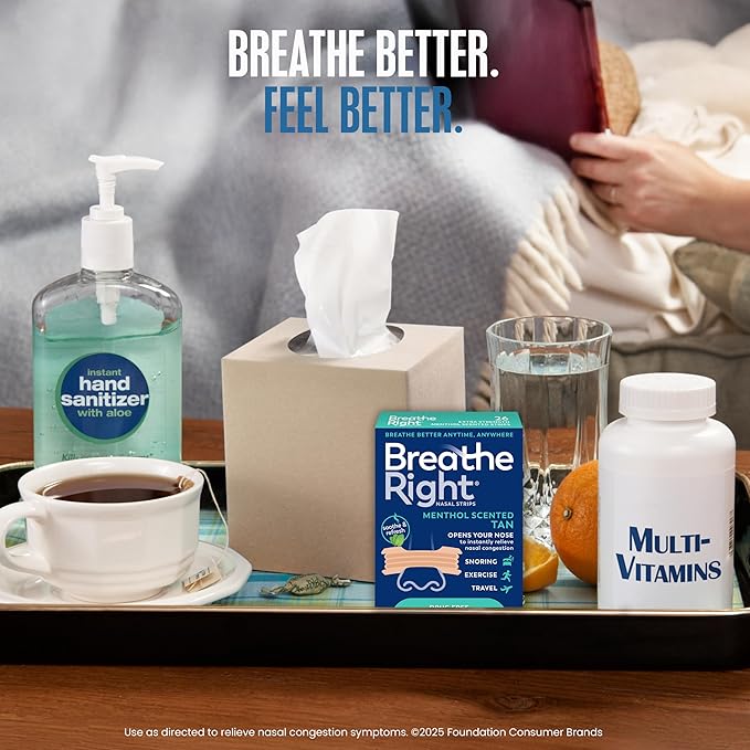 Breathe Right Extra Strength Nasal Strips, Menthol Scented, Drug Free, Less Snoring & Better Breathing from Nasal Congestion, Tan, 26 Count