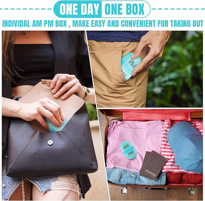 6 Pack Pill Organizer Pocket Small Case Holder Am Pm Pill Case Portable Two Compartment Round Travel 2 Times a Day for Vitamin Medication Supplement(Green)