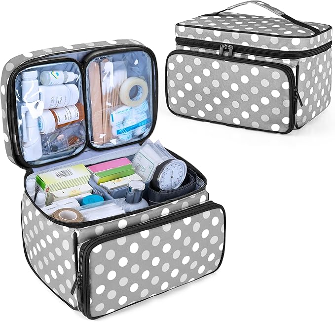 LUXJA Medicine Bag with 2 Detachable Clear Pouches,Travel Pill Bottle Organizer with Detachable Dividers, Gray Dots