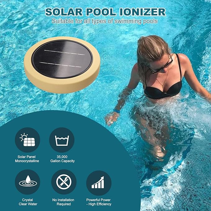 Solar Pool Ionizer for Above Ground, Floating Copper Pool Cleaner Purifier Cuts Chlorine by 85% Works for Pools Up to 40,000 Gal, Swimming Pools Water Cleaner for in-ground Pools and spas (Yellow)