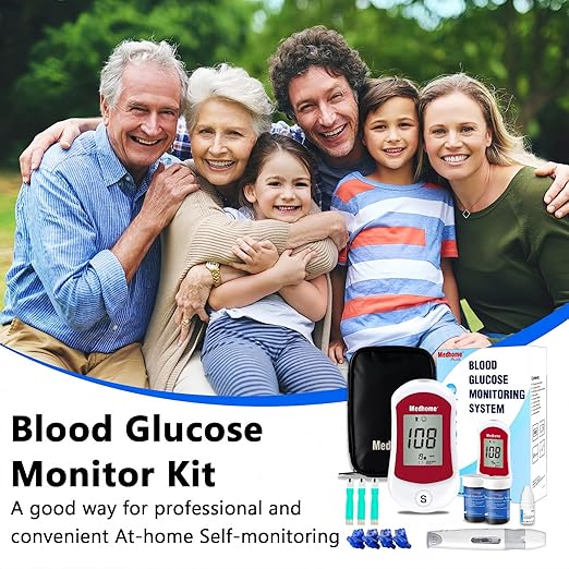Blood Glucose Monitor Kit, Diabetes Testing with 100 Glucometer Strips,100 30G Lancets, 1 Lancing Device, 1 Blood Sugar Monitor with Control Solution, Large Menory Capacity, No Coding.