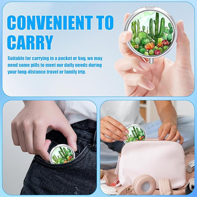 Cactus Pill Case, Pill Box 3 Compartments Metal Small Pill Holder with Mirror Mini Travel Pill Container for Purse Pocket Women Men