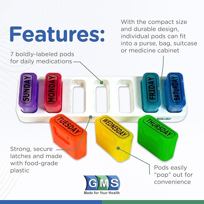GMS Weekly Pill Organizer - 7 Day Pop Out Pill Pods for Supplements, Vitamins & Medications - Ideal for Daily Use & Travel - Rainbow