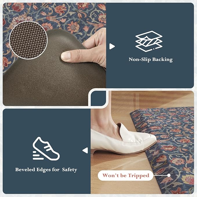 KIMODE Padded Kitchen Floor Mats Cushioned Anti Fatigue,3/4 Inch Comfort Memory Foam Ergonomic Standing Carpet for Office Desk,Boho Vintage Sink Rug Non Slip for Laundry,Blue/Red