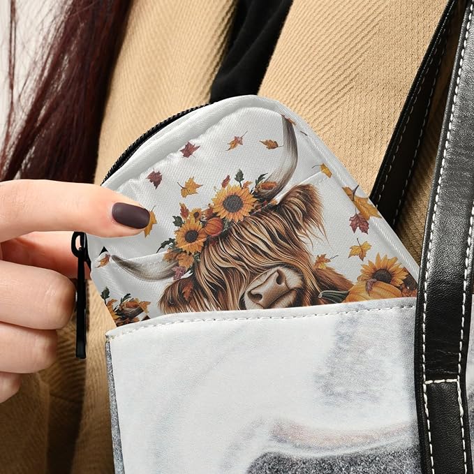 Fustylead Highland Cow Sunflowers Pumpkins and Falling Leaves Travel Pill Organizer Case Zipper for Purse with Removable Weekly Pill Box for Medicine, Vitamin, Supplement Medicine Organizer