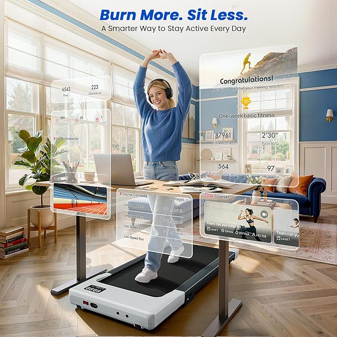 DeerRun Under Desk Walking Pad Treadmill for Home & Office, 6% Manual Incline, 2.5 HP, 0.6–3.8 MPH Walking Speed, 300 lb Capacity, App & Remote Control