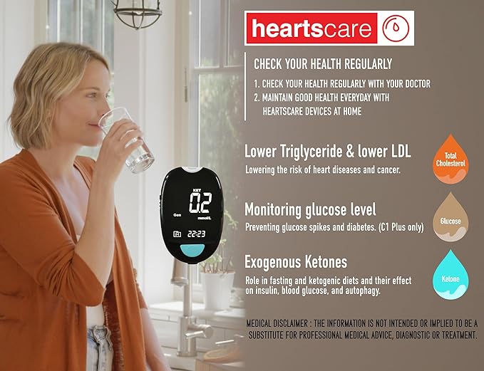 HeartsCare Total Cholesterol Testing kit - 20 Strips and 1 Meter with 3D Bluetooth HeartsHome app - Diet and Fitness Tracking