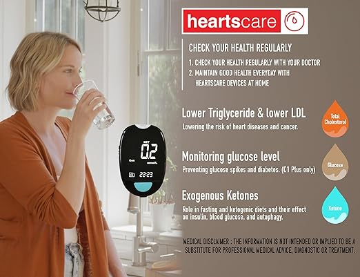 HeartsCare C1 Plus Total Cholesterol Meter Test Kit at Home with TC 10 count with 3D bluetooth HeartsHome app.