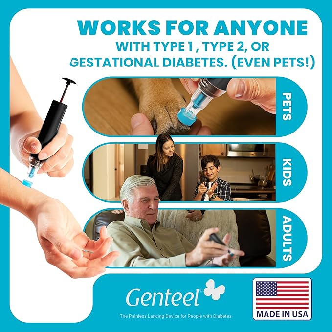 Genteel Plus - Pain Free Vacuum Lancing Device for Diabetes Testing - Blood Sugar, Glucose, Ketone, and DNA Home Tests (Buff Black)