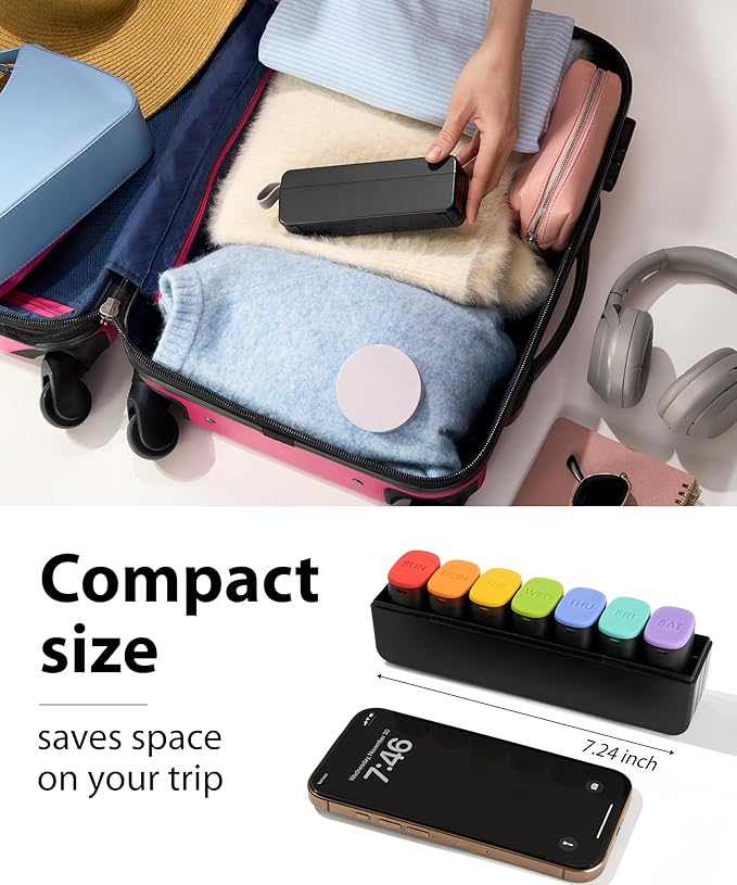 Weekly Pill Organizer 1 Time a Day - 7 Day Travel Pill Case with Detachable Daily Compartments, Secure Silicone Lids, Easy Open for Seniors & Arthritis, Durable Compact Vitamin & Medication Organizer