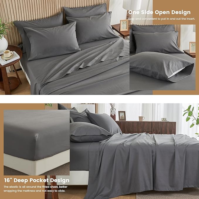 Simple&Opulence Belgian Linen Sheet Set Solid Color - 6 Pieces (1 Flat Sheet & 1 Fitted Sheet & 4 Pillowcases) 16" Deep Pocket Natural Flax Cotton Blended Soft Bedding - Dark Grey, California King