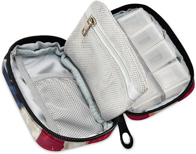 American Flag Cat Travel Medicine Organizer Bag Compact Pill Case with Inner Compartments & Secure Zipper for Women Men Seniors