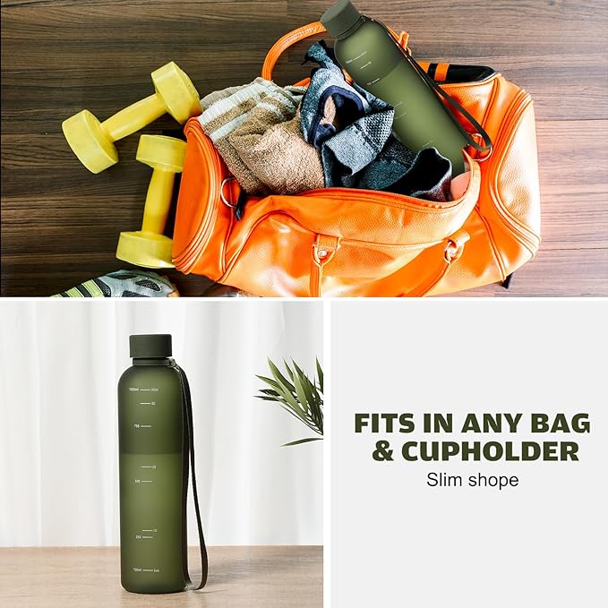 1 Pcs Slim Water Bottle 32oz, 1L Motivational Tracking Reminder Water Bottle-lightweight & Shatterproof and Stainless Steel Lid & Bamboo Straw Lid, for Travel Sports School Gym(Dark Green)