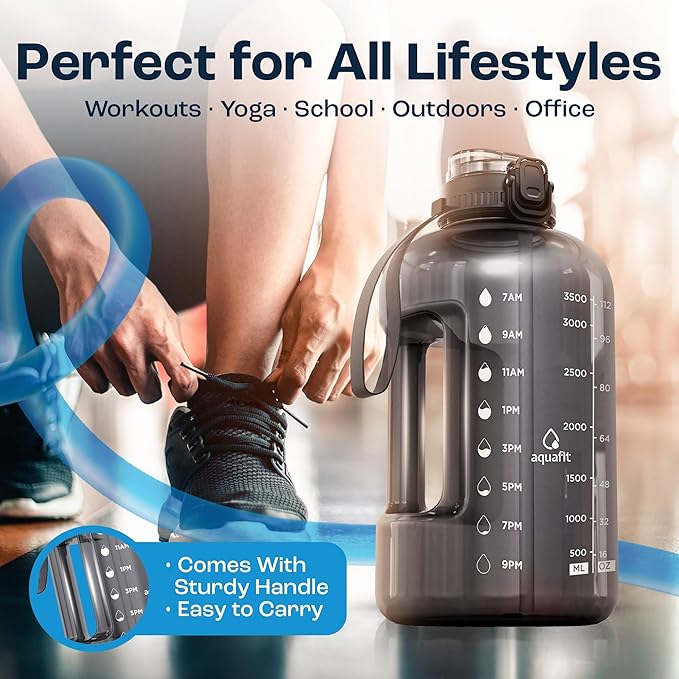 AQUAFIT 1 Gallon Water Bottle with Time Marker - Straw & Chug Lid - BPA Free Gym Water Bottle with Straw - Big Gallon Jug (Nebula, 128 oz - 2in1 Lid)