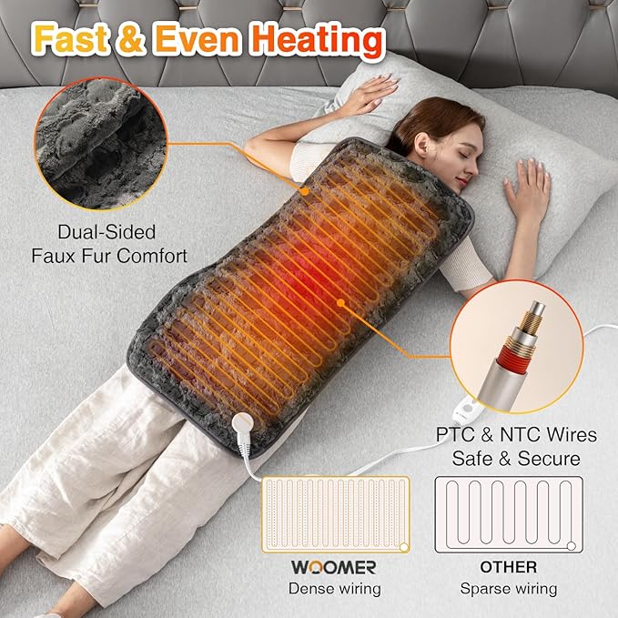 Woomer Faux Fur Electric Heating Pad for Back Pain Relief, Extra Large 17” x 33”, Extended Coverage from Neck to Hip, Two-Sided, Moist Mode, ETL Certified, 6 Adjustable Heats & 2H Auto-Off,Grey