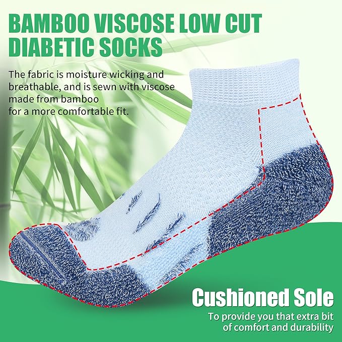 Diabetic Socks for Men,4 & 6 Pairs Low Cut Bamboo Viscose Wide Mens Diabetic Socks Size 9-11 10-13