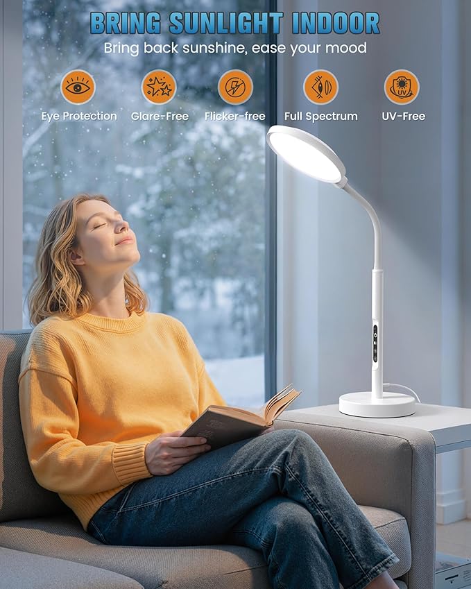 10000 Lux Light Therapy Lamp, Sunlight Therapy Lamps with 3 Color Temperatures &Dimmable &Timer, Full Spectrum &UV-Free Happy Lamp Light Therapy with Remote, Daylight Lamps for Home(White, Table Lamp)