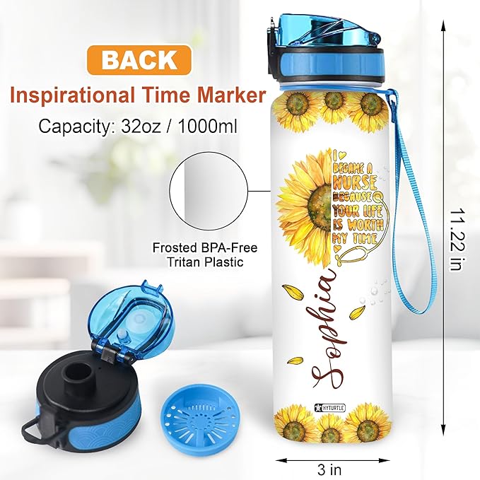 Hyturtle Personalized I Became A Nurse Sunflower 32oz Liter Motivational Water Bottle, Customized Name Tracking Water Bottle Funny Nurse, Gifts For Nurses, Women Coworkers On Birthday, Mother's Day,