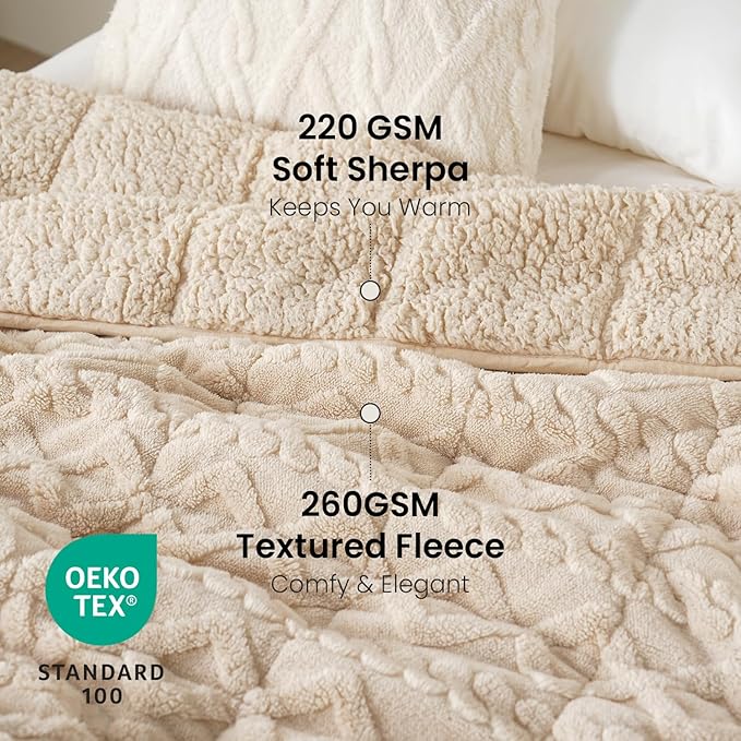 Weighted Blanket Queen Size 15lbs, Classy Soft Jacquard Sherpa Weighted Blankets for Sleep Natural and Calming, Fluffy Cozy Sofa Bed Blanket for Winter, Beige, 60 x 80 inches