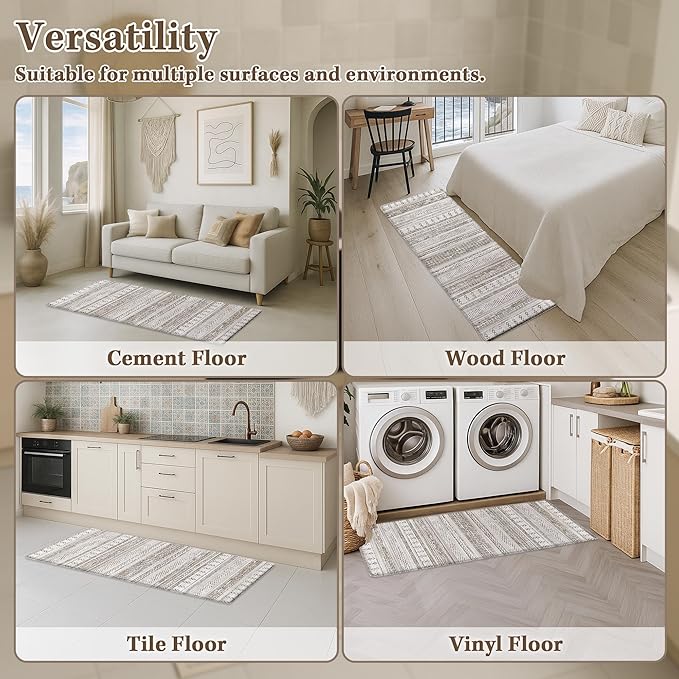 Arttown Anti Fatigue Mats for Kitchen Floor, Boho Moroccan Farmhouse Kitchen Mats Cushioned Anti Fatigue Rug, Waterproof Non-Slip Washable Kitchen Rugs - Cream Brown