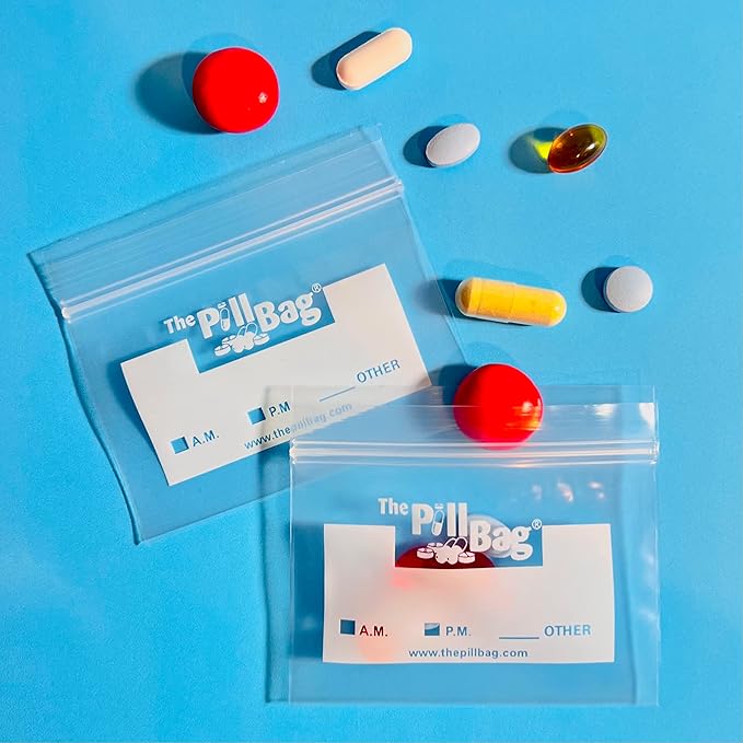 | Medicine Pill Organizer with Labels for AM/PM | Resealable Disposable Pill Pouches for Medicine, Vitamins, Gummies | Plastic Pill Bags for Travel | Standard Size | 100 Count