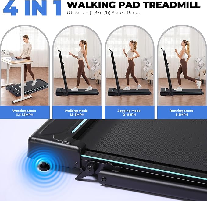 GTPLAYER Walking Pad Treadmill with Adjustable Height Handle Bar, 3HP Quiet Foldable Under Desk Treadmill, Portable Treadmills for Home 350LBS with Remote Control LED Display