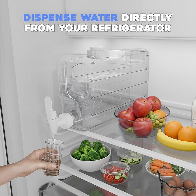 Refrigerator Water Dispenser 1.1 Gallon Bottle with 2 Spigots - BPA Free Plastic Slim Water Jug with Spout Leak Proof | Refillable Fridge Water Container, Convenient Handles (Clear)