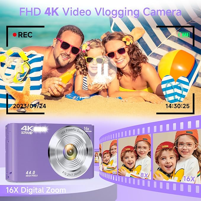 Digital Camera, FHD 4K Digital Camera for Kids Purple with 64GB SD Card 16X Digital Zoom, Cameras for Photography Compact Point and Shoot Camera for Teen Boys Girls Kids Autofocus Camera Digital