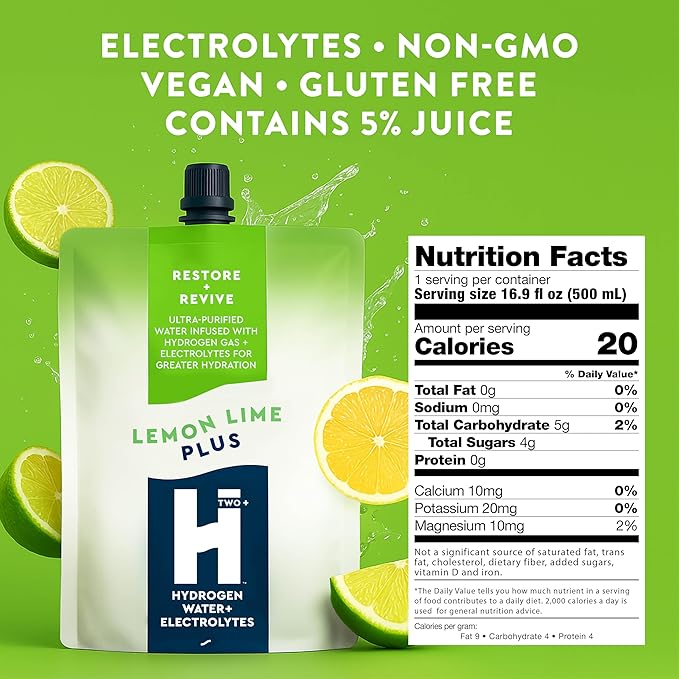 HTWO Plus Molecular Hydrogen Water with Electrolytes, Lemon Lime Flavor, Sugar Free Hydration Packets, 16.9oz 12 Pack, Energy Sports Drink, Performance & Recovery Support, Alternative to Hydrogenated Tablet - no Prep/Mess, 15 ppm