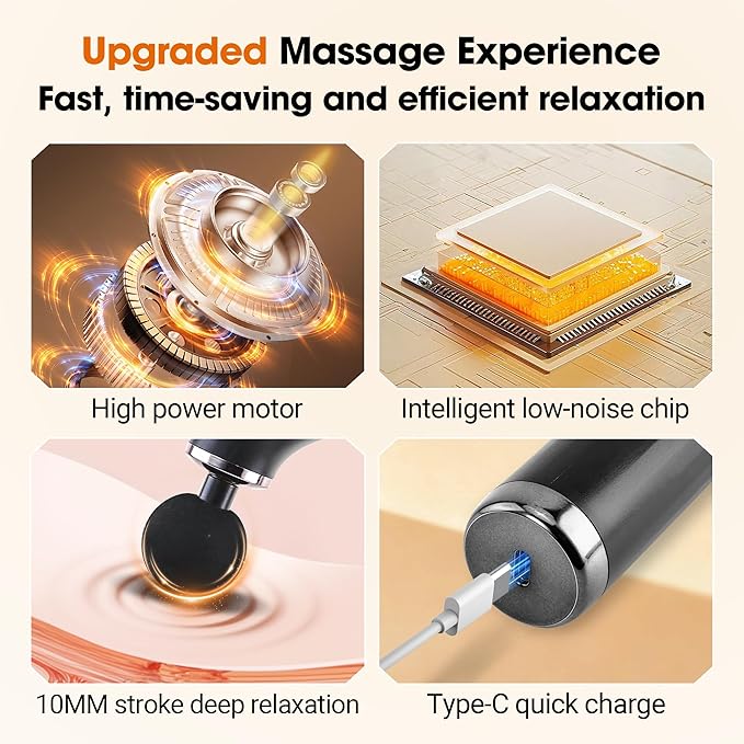 Brushless Motor Massage Gun with Upgraded Extension Handle, Back Massager for Pain Relief Deep Tissue with 4 Massage Heads & 5 Speed Levels & 3 Massage Modes, Black Silver