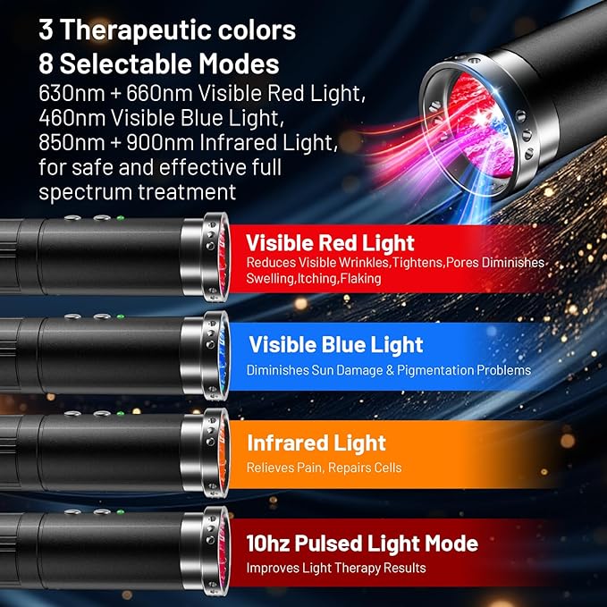 HomeCare Red Light Therapy Wand, Portable Handheld Red & Infrared Light Therapy Device with 5 Wavelengths (460/630/660/850/900nm), 10Hz Pulse, Smart Memory, Rechargeable for Face & Body Care