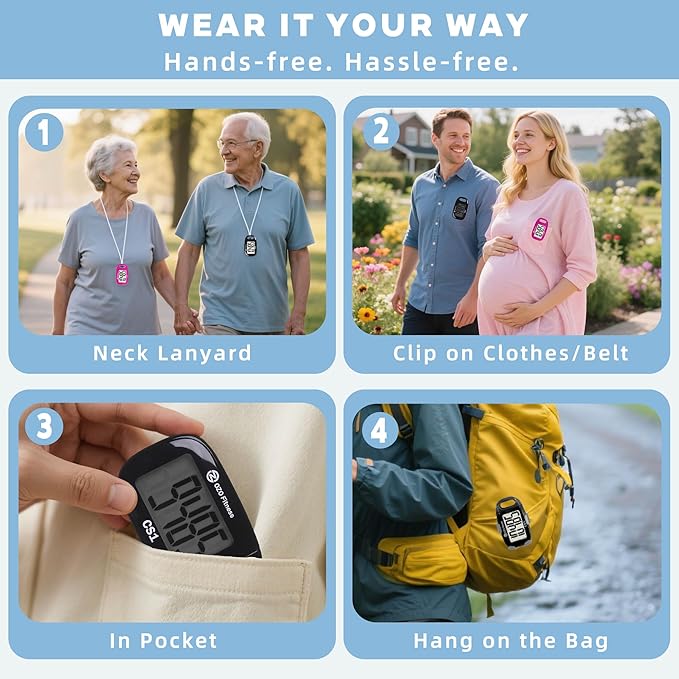 OZO Fitness Clip-on 3D Pedometer for Walking Steps Counter with Lanyard, Simple Exercise Tracker for Women and Seniors with Large Accurate Digital Display, Portable Minimalist Sports Monitor