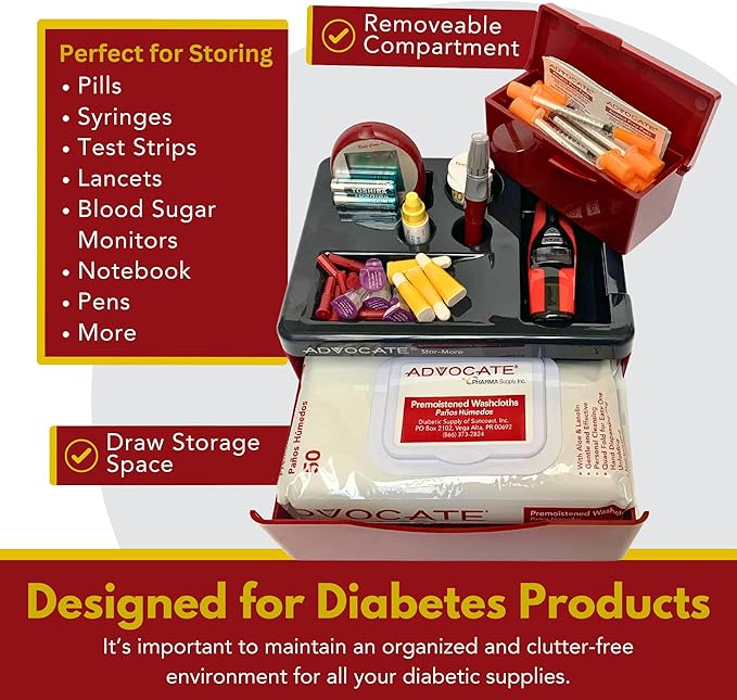 Advocate Diabetic Supplies and Pill Medication Storage and Organizer, Ideal for Blood Sugar Monitor and Glucose Meter Kits, Diabetes Testing, Test Strips, Insulin Syringes, Lancets, Pen Needles