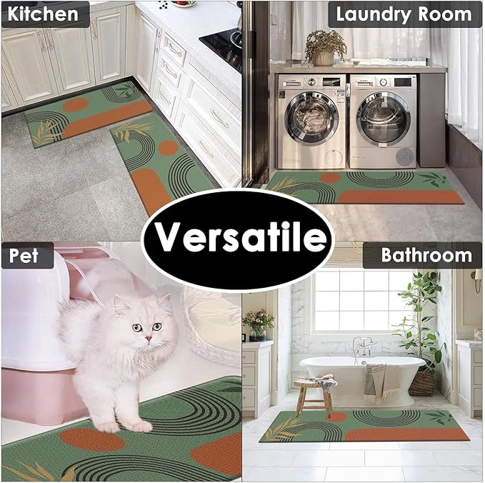 Kitchen Mats for Floor 2 PCS, Anti Fatigue Mat Set, Boho Cushioned Non Slip Waterproof Kitchen Rugs, Wipe Clean PVC Leather Runner for Sink, Laundry, Office, 17"x47"+17"x29", Dark Green