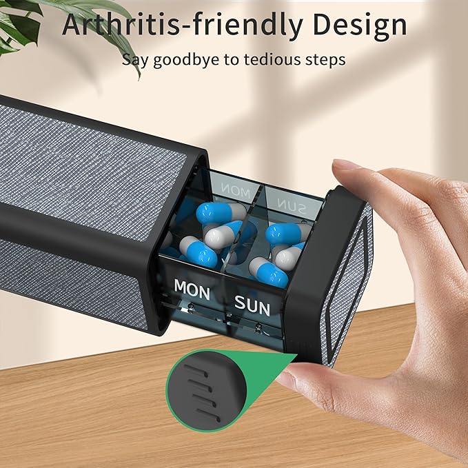 Weekly Pill Organizer 7 Day, Discreet Leather Pill Case for Purse or Pocket, Easy Slide-Out Daily Medication Planner, 1 Time a Day Travel Vitamin and Supplement Holder (Silver)