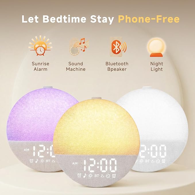 Sunrise Alarm Clock White Noise Machine | Natural Wake-Up Light for Bedroom with 30 Soothing Sleep Aids, Bluetooth Speaker, Dimmable Clock, Screen-Free Design for Baby Adults Kids-Khaki