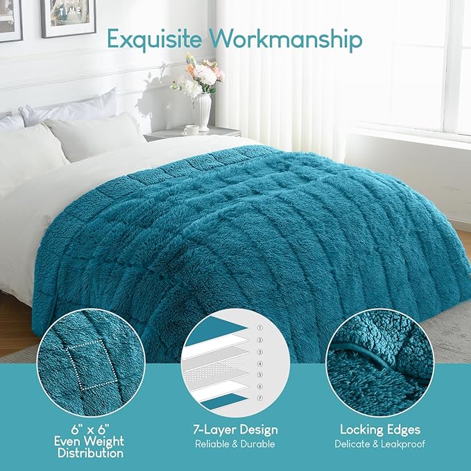 Cottonblue Adults Weighted Blanket 17lbs 60x80 inches for Queen Bed, Faux Fur Sherpa Weighted Blanket for Sofa Couch Bed, Plush Cozy Bed Blanket with Glass Beads for Calm and Relax,Teal Green