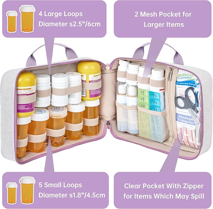 Travel Medicine Organizer Bag, Pill Organizer Case,Carrier for Medications,Vitamins,Fish Oil and Medical Supplies Pill Bottle Organizer and Home Storage Med Bag(Purple)