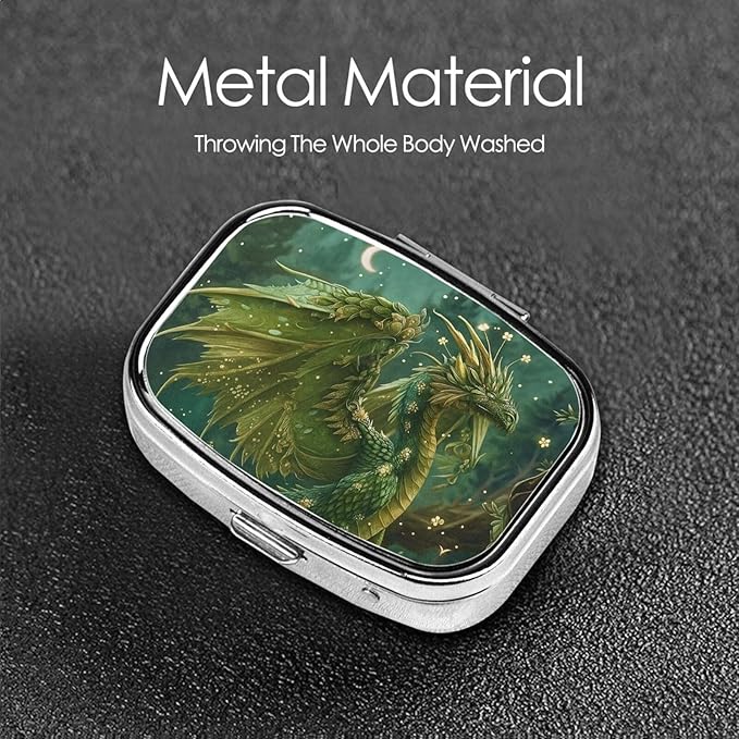 Fantasy Botanical Dragon Pill Box with Mirror 2 Compartments Square Pill Organizer for Pocket